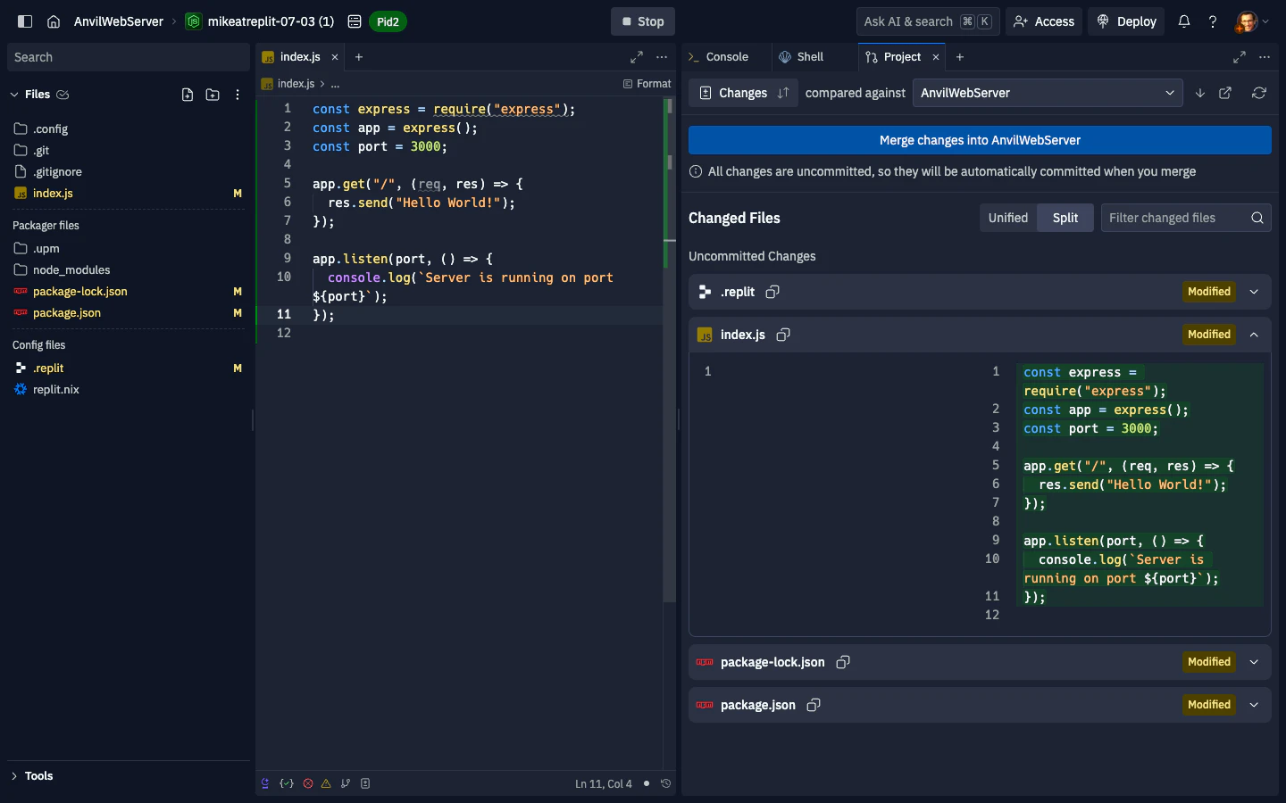 The Project tool showing a fork's changed files diffed against the main Repl