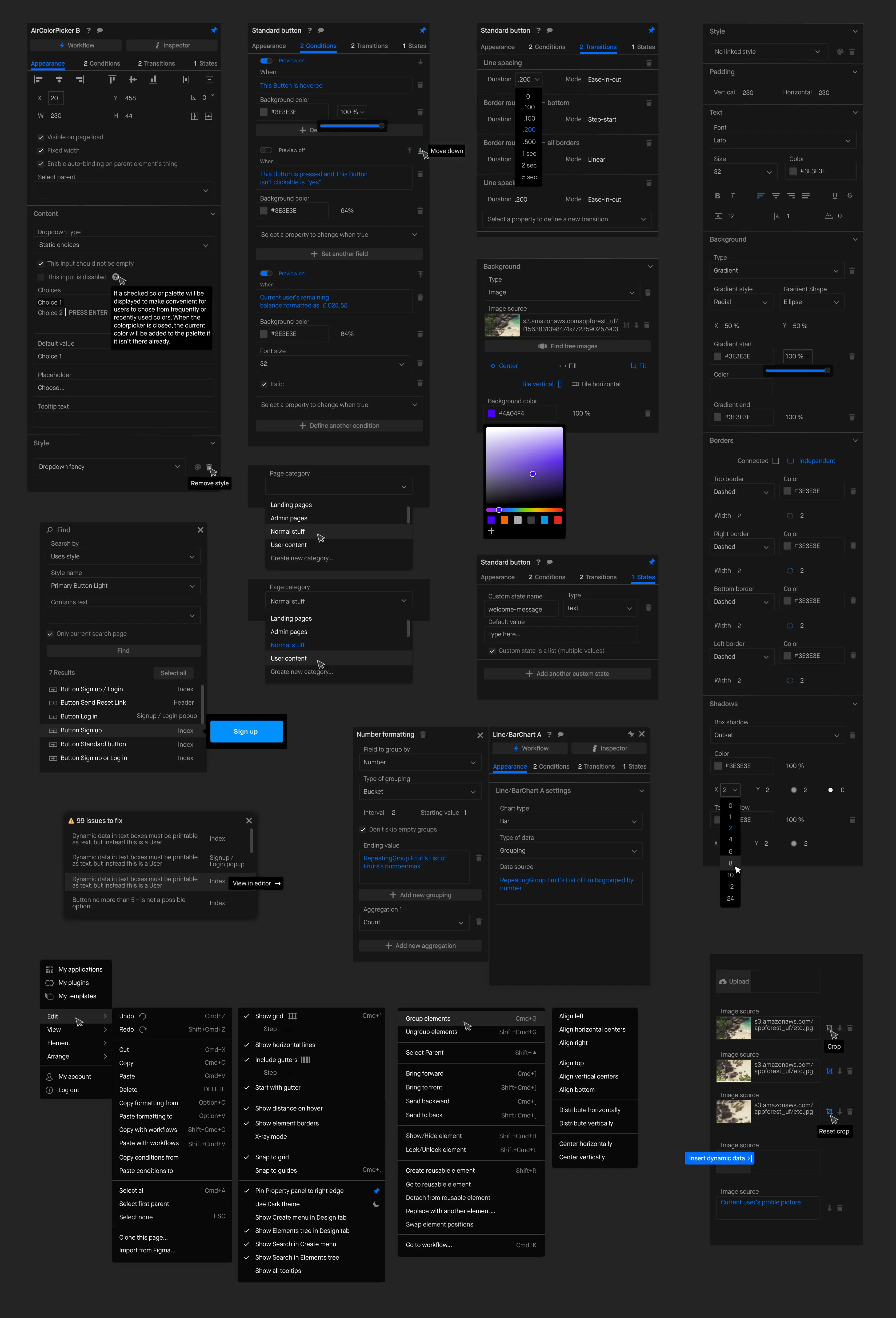 Bubble property editor menus
